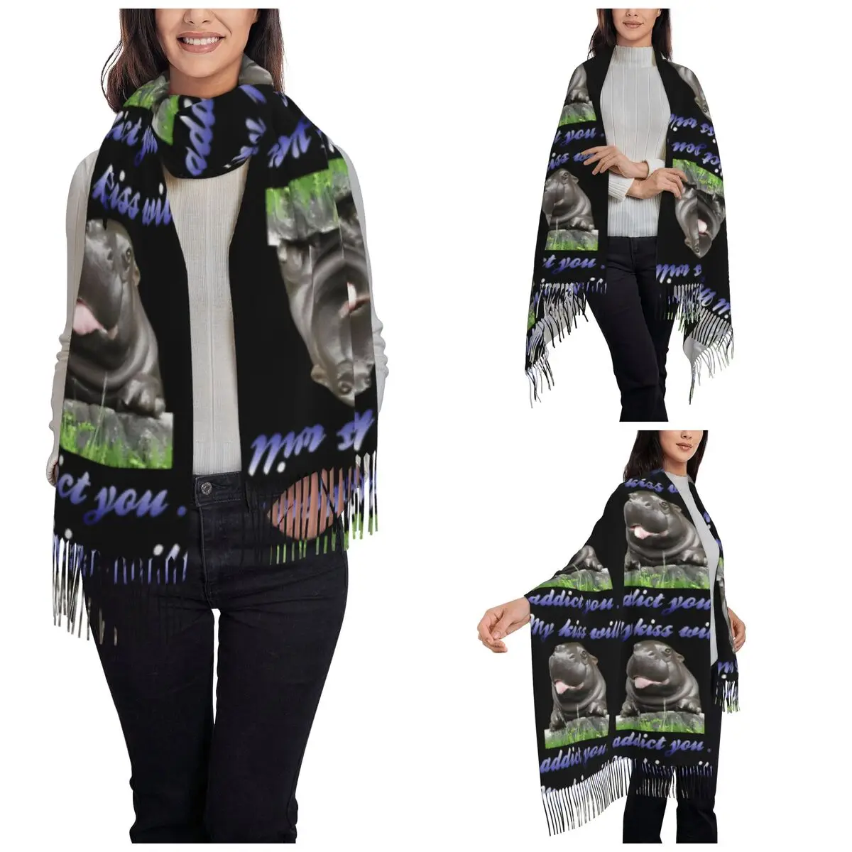 Moo Deng Famous Baby Hippo Shawl Wraps Women Winter Large Soft Scarf Pashminas Tassel Scarves