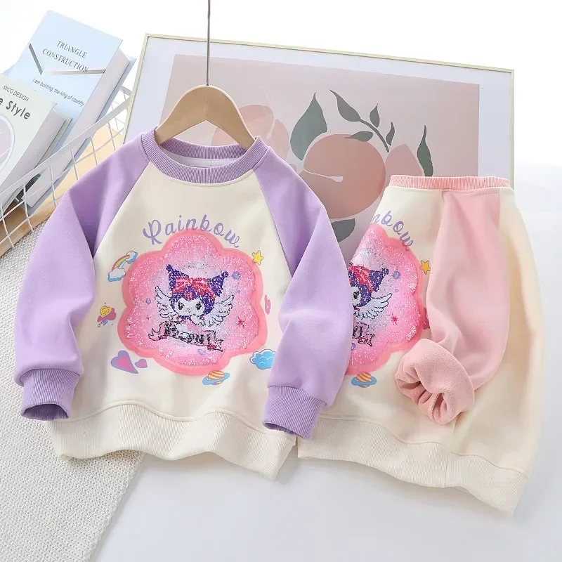 

2024 Winter Kuromi Anime Kawaii Plus Fleece Hoodie Sanrio Ins Cute Children Matching Long Sleeve Shirt Clothing Gifts for Kids