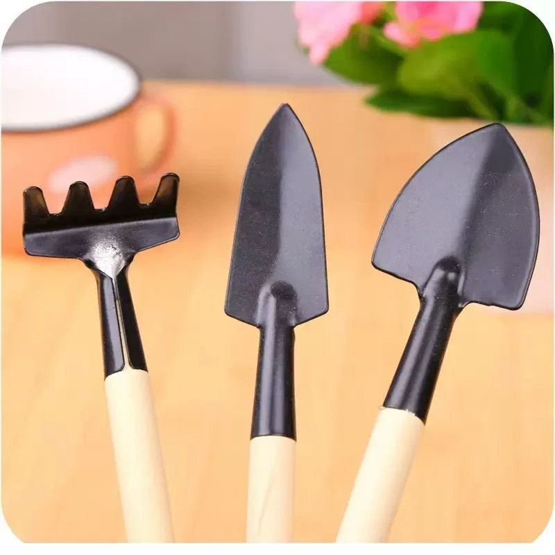 3Pcs Mini Garden Tools Set Wooden Handle Iron Shovel Rake Spade For Potted Plant Bonsai Care