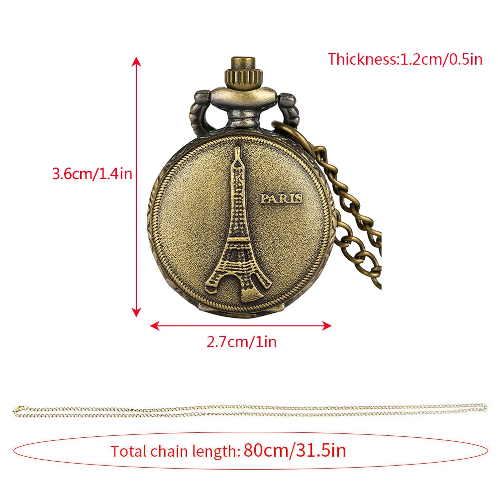 Famous Landmark Paris Eiffel Tower Bronze Mini Necklace Wacth Gift Quartz Analog Arabic Numerals Round Dial Retro Pocket Clock