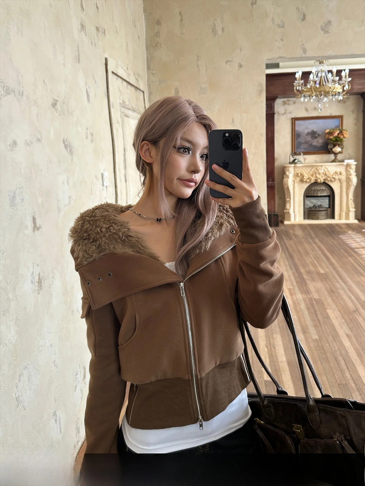 

GOGOBURN Deep Brown Fur Collar ort Cardigan Women's Casual Warm Top Zipper Closure Long Sve Slim Fit Autumn Winter New A...