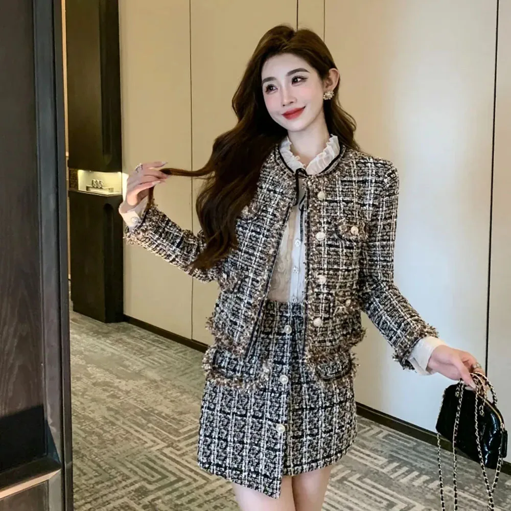 Autumn And Winter Fashion Slim Small Fragrance Wind Two-piece Beading Tweed Skirt Coat Female Elegant Gentle Temperament Suit