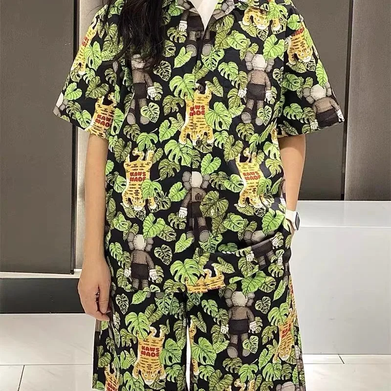 Human Made KAWS Made Tiger Leaf Print Hawaiian Shirt, Cartoon Allover Summer Beach Shirt Unisex