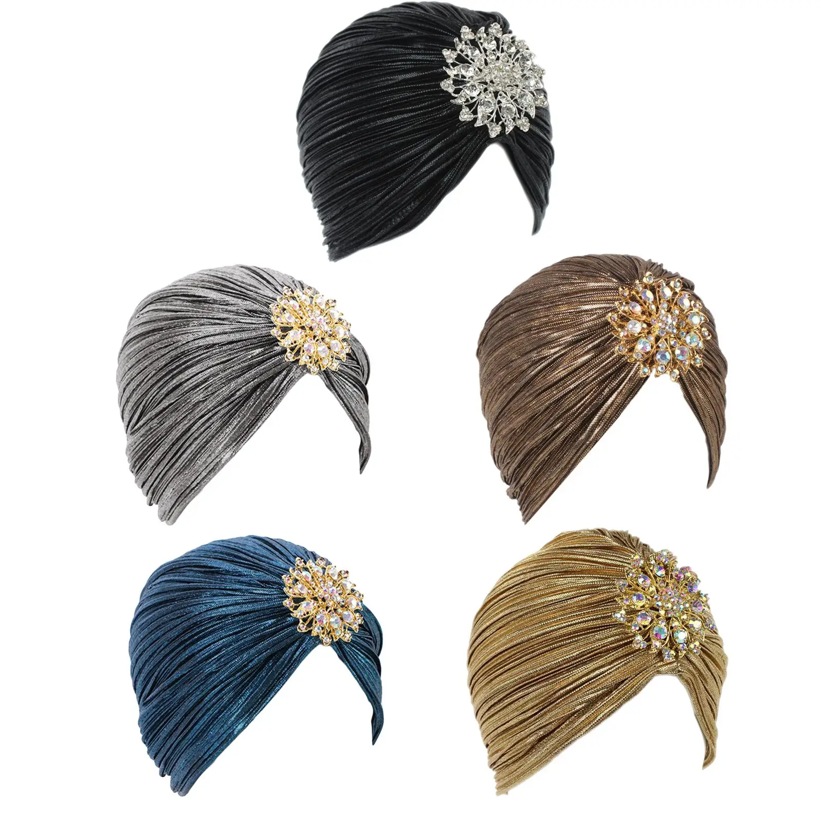 Turban Fashionable Alloy Brooch Headscarf Headdress Sleep Hat Hair Wrap Headwear Beanie for Women Female Lady Friends Birthday