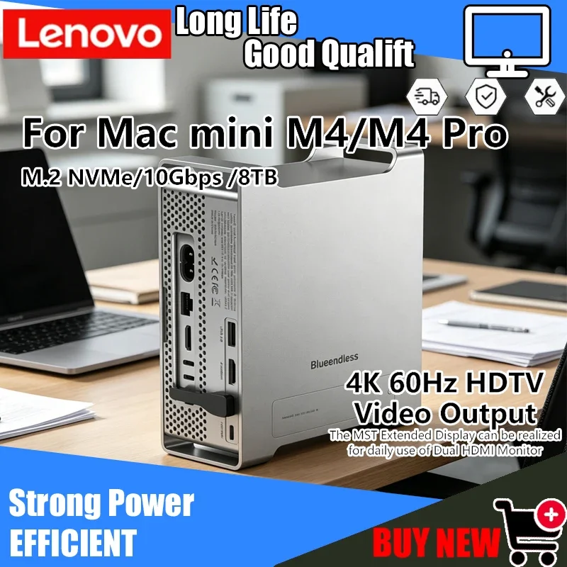 Lenovo Mac Mini M4/M4 Pro Docking Station Stand Hub, M.2 NVMe SSD Enclosure with 4K60Hz HDMI, 10Gbps USB-C, SD/TF Reader