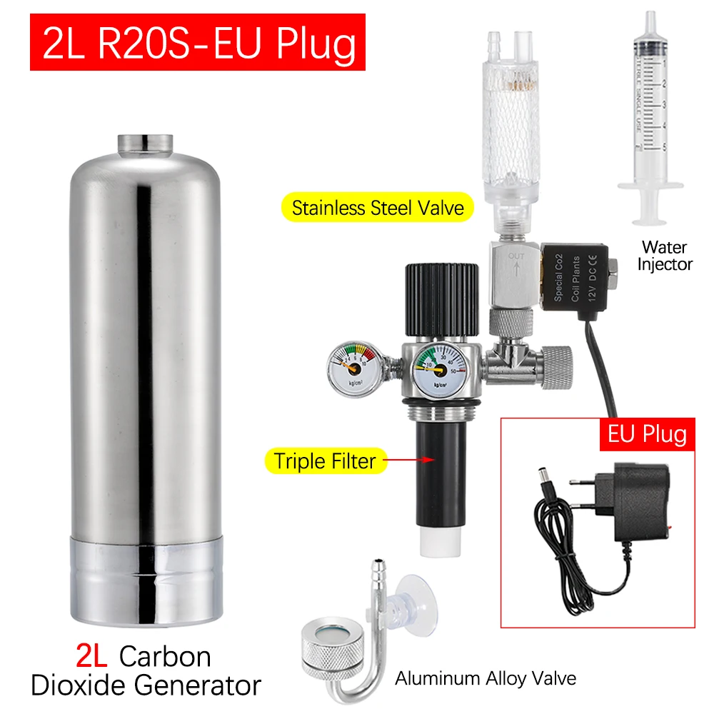 2L Aquarium DIY CO2 Generator System Kit Stainless Steel CO2 Cylinder Generator System Carbon Dioxide Reactor Kit for Plant Fish