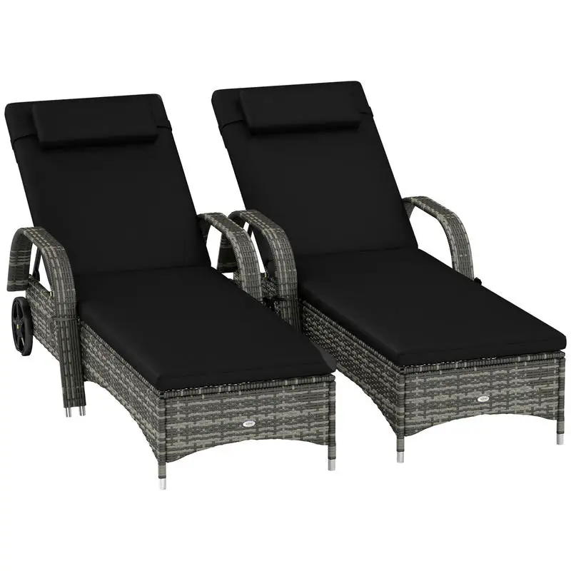 2 verstellbare Chaiselongue-Stühle, rollbare Gartenstühle mit Kissen, Kopfstütze, Armlehnen und Rädern, schwarz