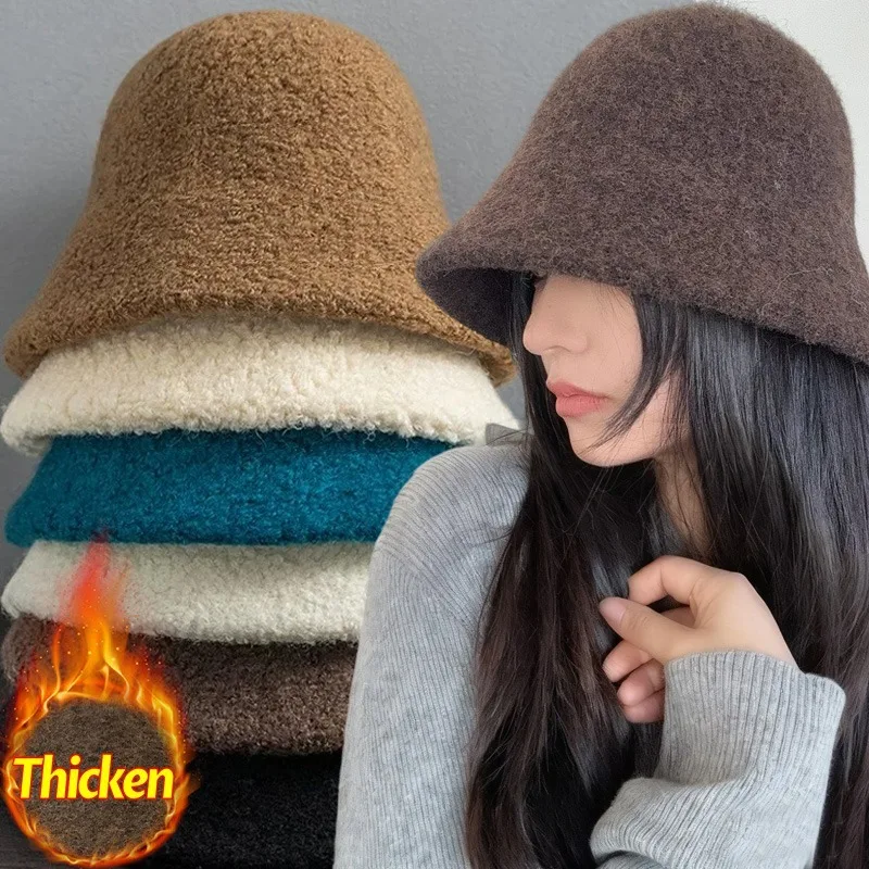 

Зимние утепленные шерстяные рыбацкие шапки для женщин, однотонные уличные теплые панамы, простые модные куполообразные шерстяные шапки, женский капот