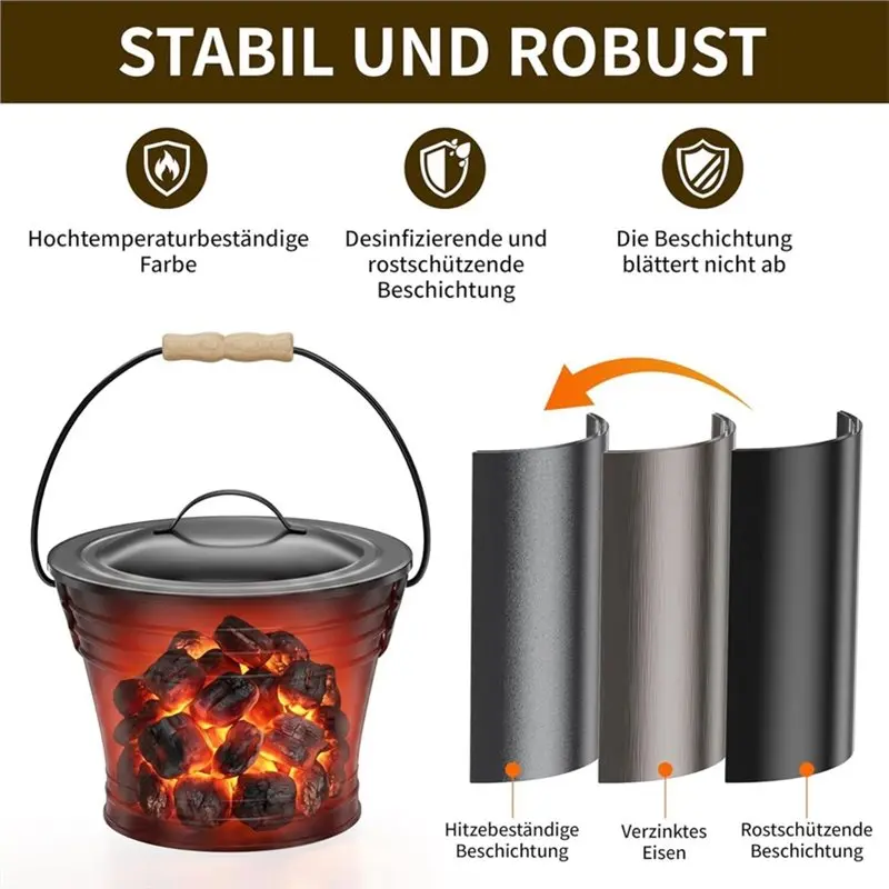 VEHO-6L Metal Ash Bucket With Lid - Metal Ash Bucket Incl. Gloves, Shovel & Hand Brush For Fireplace & Grill