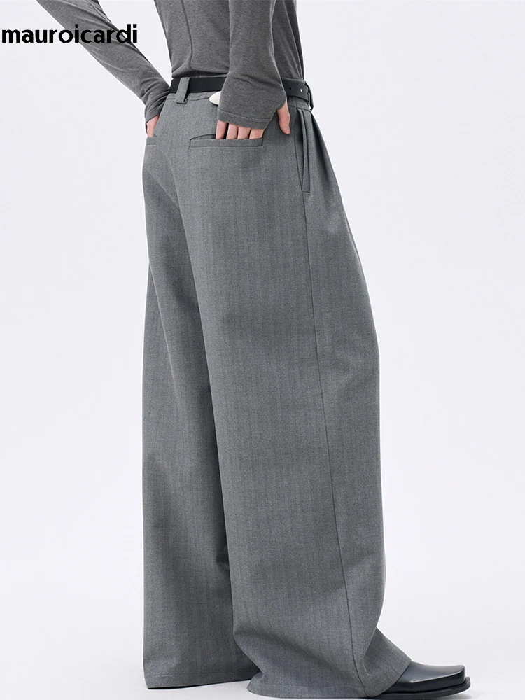 Mauroicardi Spring Autumn Long Loose Casual Baggy Flowy Soft Herringbone Print Wide Leg Pants Men Waist Luxury Menswear Clothing