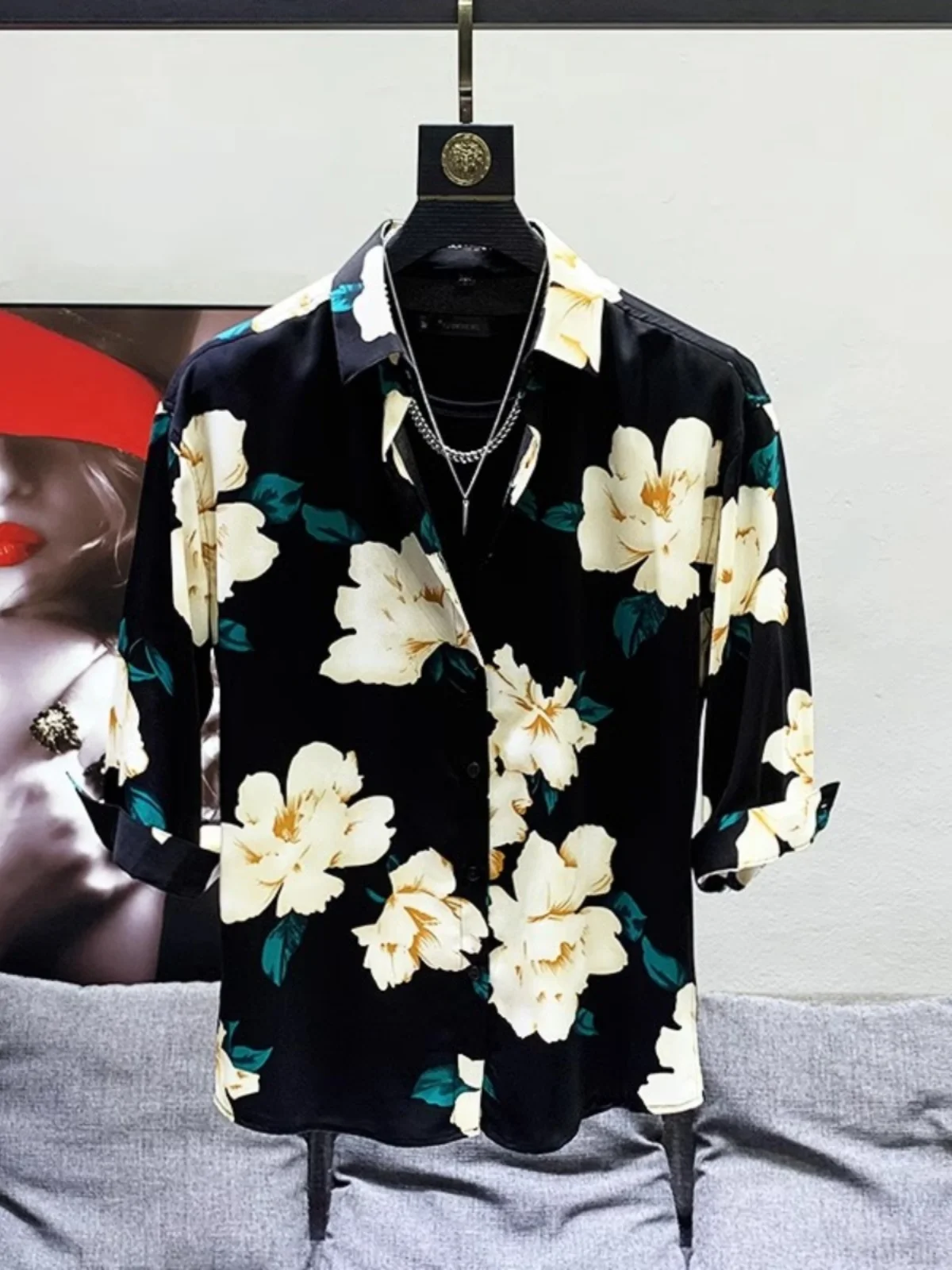 

Men's Slim Fit Summer Shirt Half Sleeve Thin Seven Sleeve Floral Pattern No Ironing Required Fashionable Casual Wear