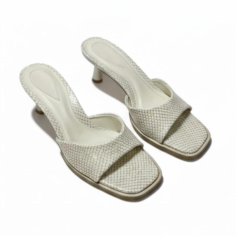 

Женские модные босоножки на высоком каблуке с принтом, сабо без шнуровки с открытым носком и квадратным носком, бежевые кожаные туфли для летнего праздничного платья