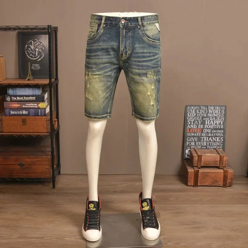 Zomer retro nostalgische gescheurde denim shorts heren trendy merk stretch slim fit high-end gewassen casual vijfkwart broek