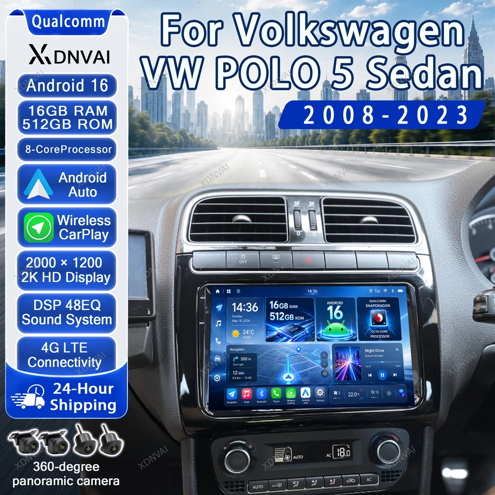 Android 16 Multimedia For Volkswagen VW POLO 5 Sedan 2008 - 2023 Video Player Car Radio DSP Qualcomm Autoradio RDS Navigation BT