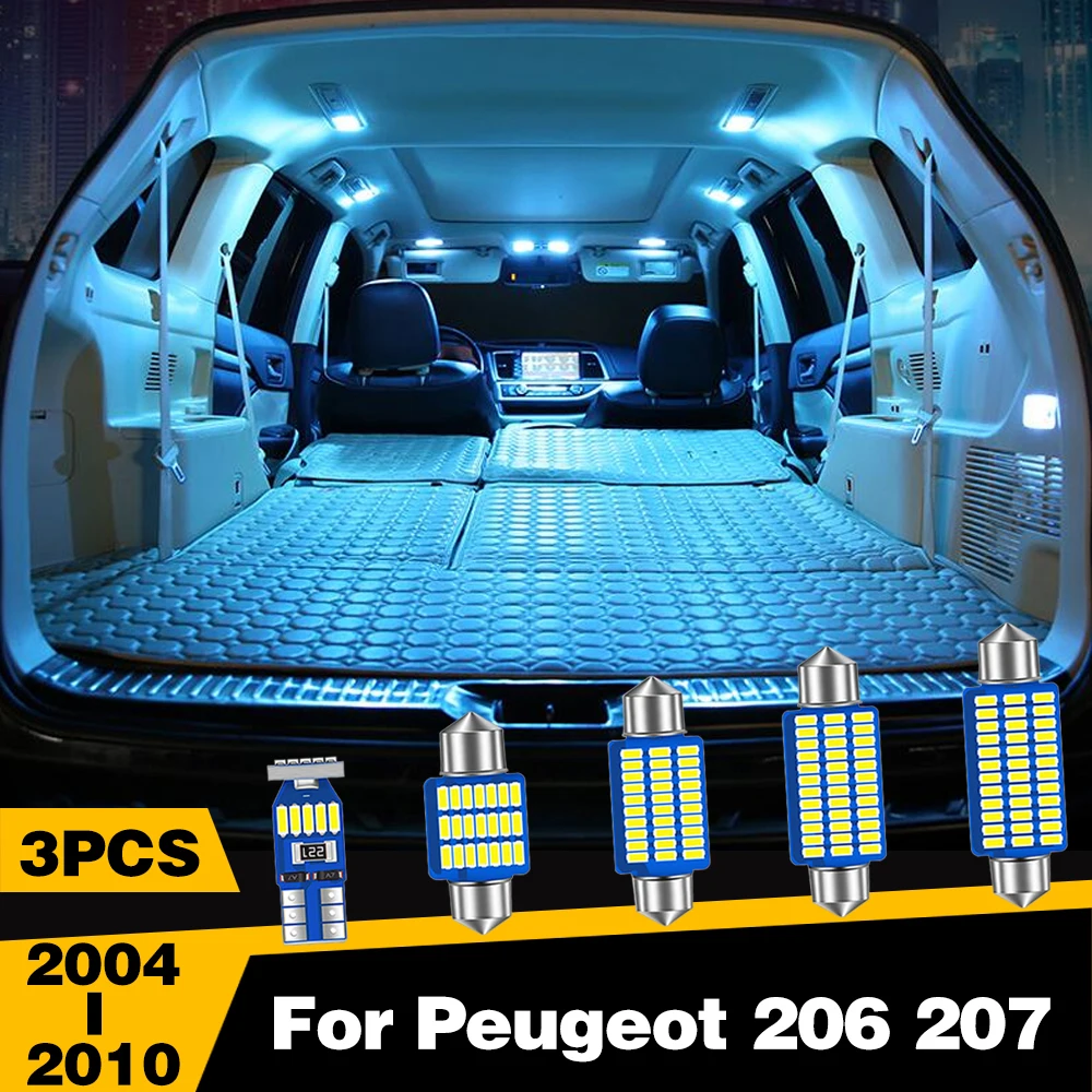 

3 Pcs White Ice-Blue Color LED Highlight Car Interior Dome Reading Light Roof Lamp For Peugeot 206 207 2004-2010 Accessories