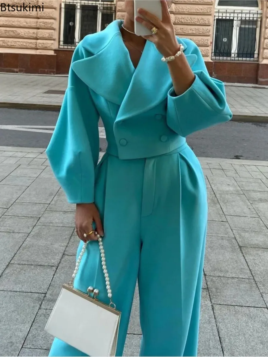 

New Autumn Winter Solid Color Lapel Woolen Short Tops+Pants 2 Piece Sets Fashion Elegant Women's Commuting Casual Trousers Suit