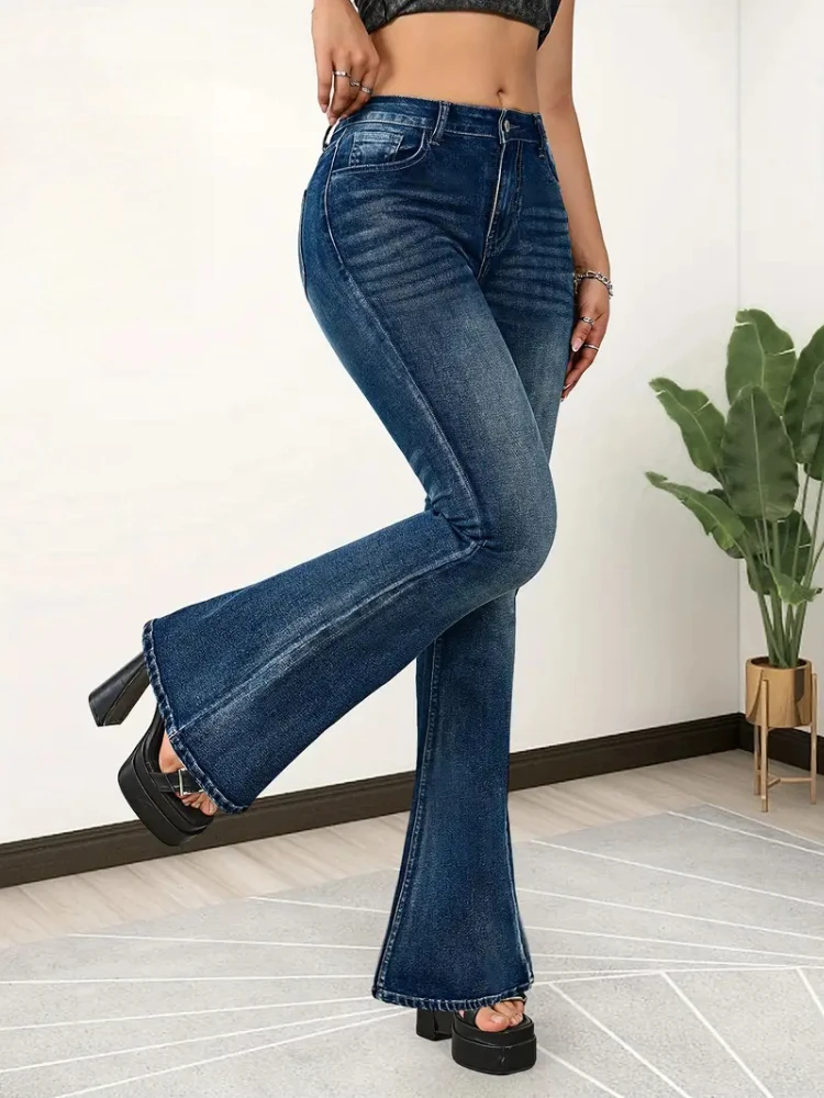 AOSSVIAO Pantalones vaqueros para mujer, pantalones vaqueros acampanados de cintura alta con botones y elásticos, pantalones ajustados lavados versátiles informales de estilo americano