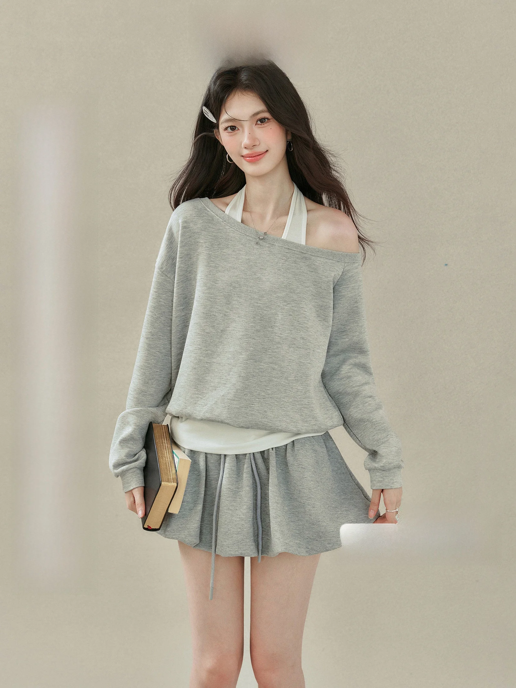 

Толстовка с капюшоном и юбкой oulder, повседневный комплект с длинным светом, круглая одежда на голову, осенняя мода для женщин в их 20-х годов A...