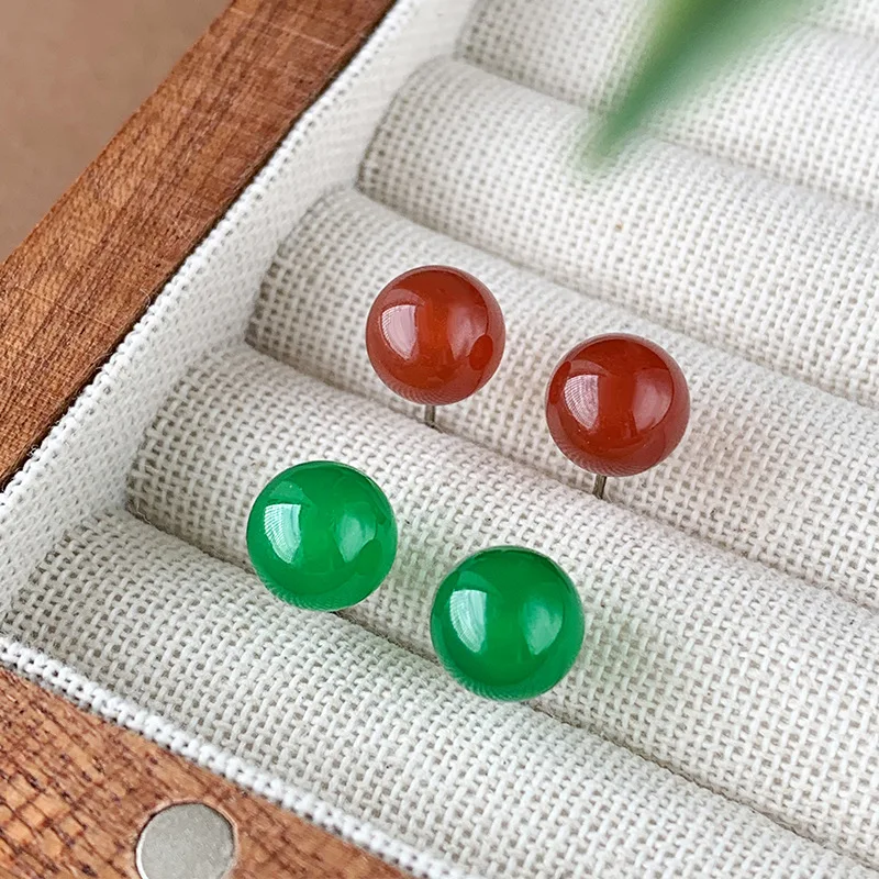 

New Chinese Style S925 Silver Needle Retro Red Agate Green Chalcedony Earrings Simple Niche Round Bead Earrings