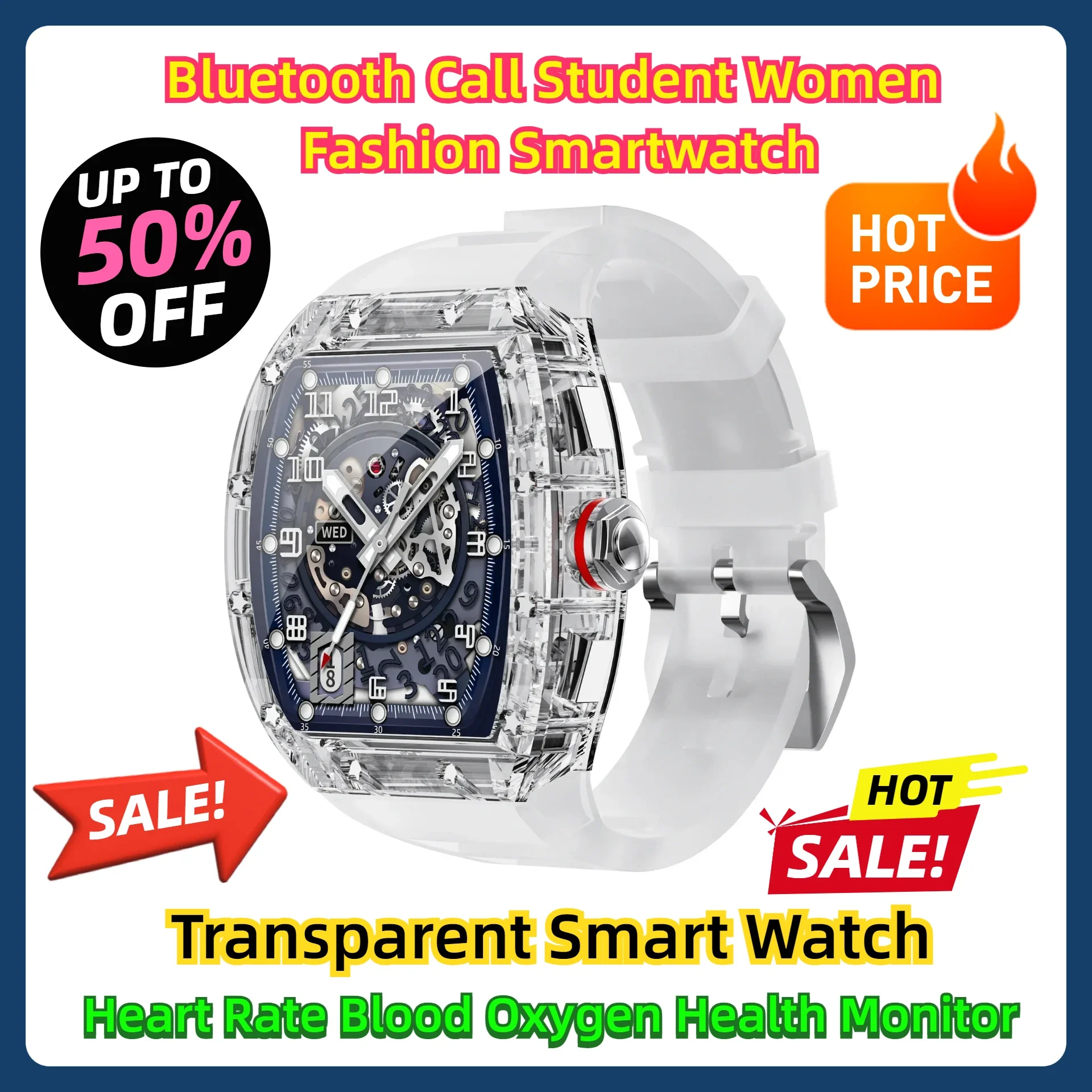 

Bluetooth Call Student Women Fashion Smartwatch Gift Transparent Smart Watch Message Push Heart Rate Blood Oxygen Health Monitor