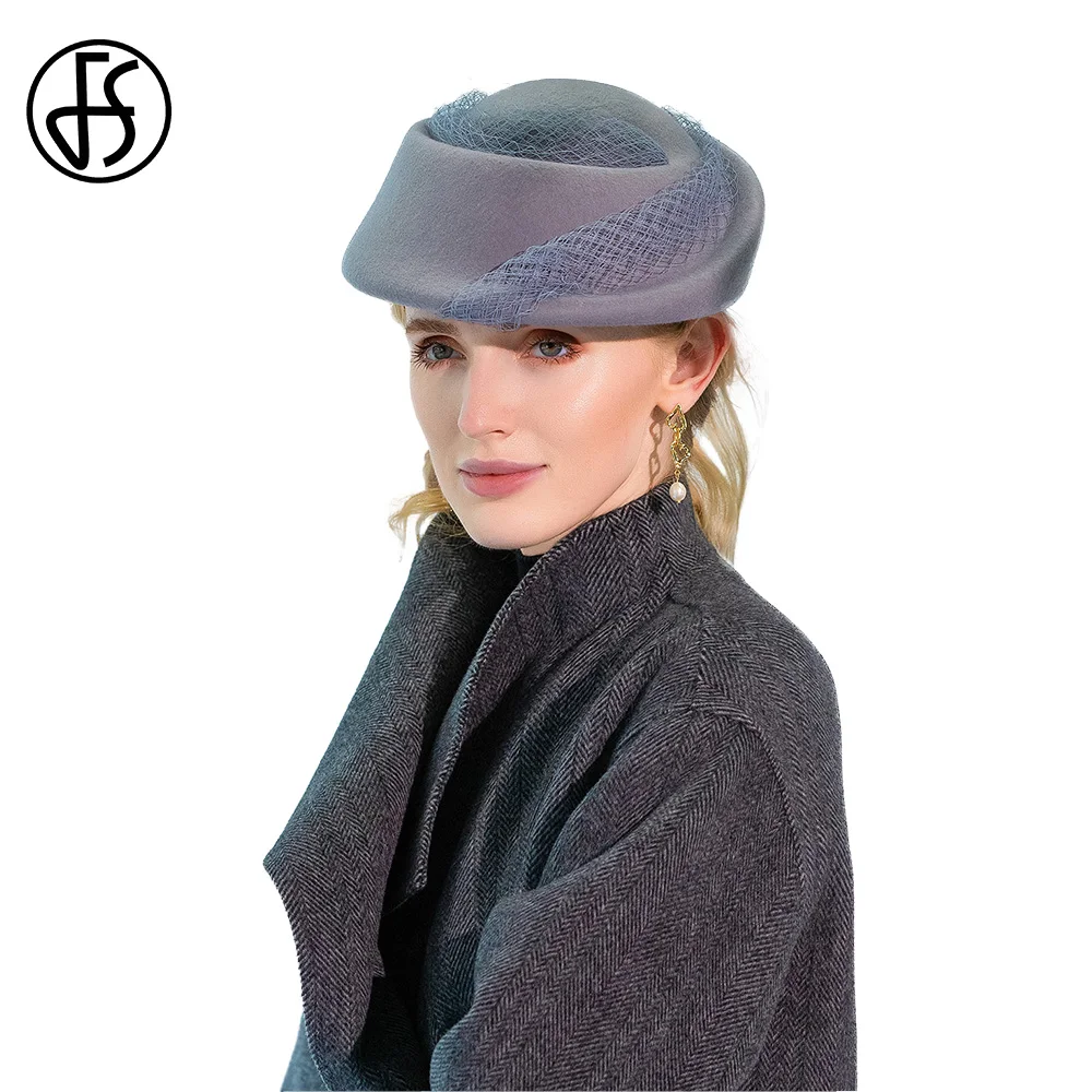 FS 2024 Winter Vintage Gray Small Top Hats For Women Elegant Camel Beret With Mesh Black Wool Felt Fedoras Fascinator Lady Cap