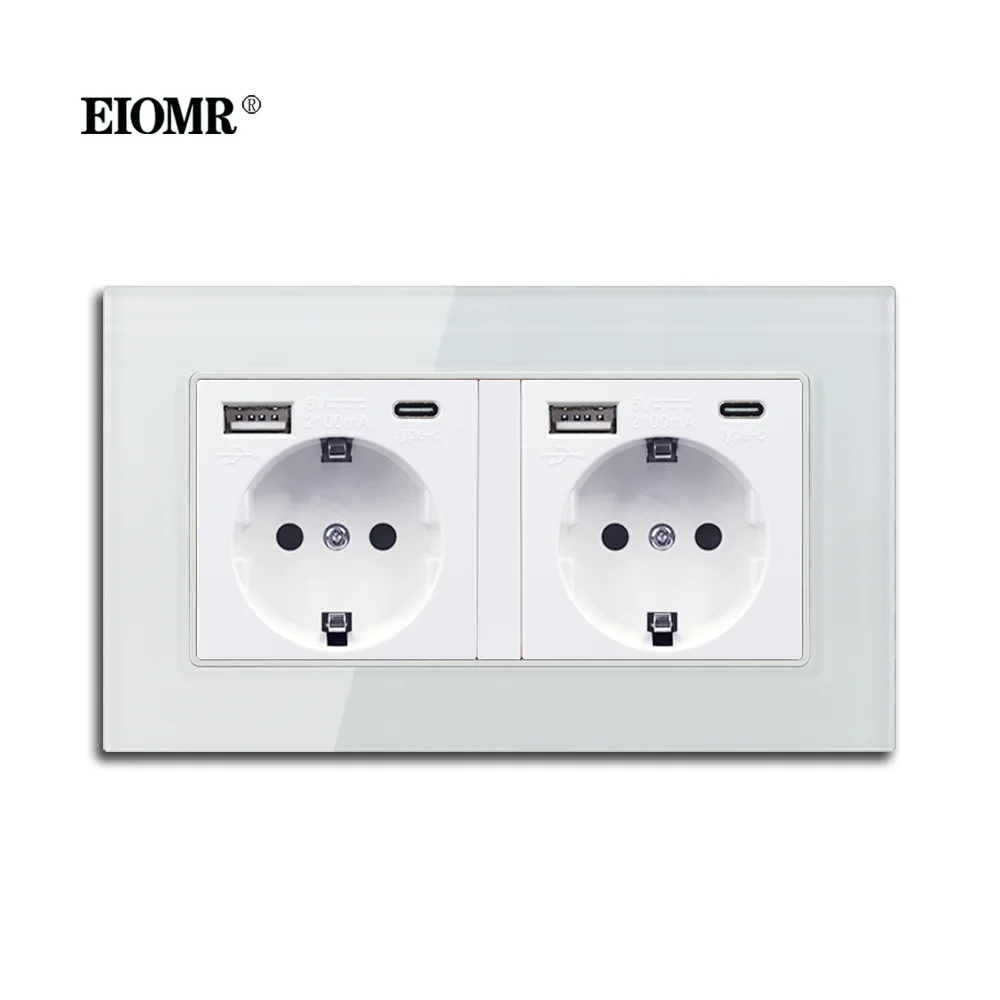 EIOMR EU Power Socket with USB for Phone Charge, Crystal Glass Panel AC 110~220V Standard Socket 146*86mm Multi Way Power Socket