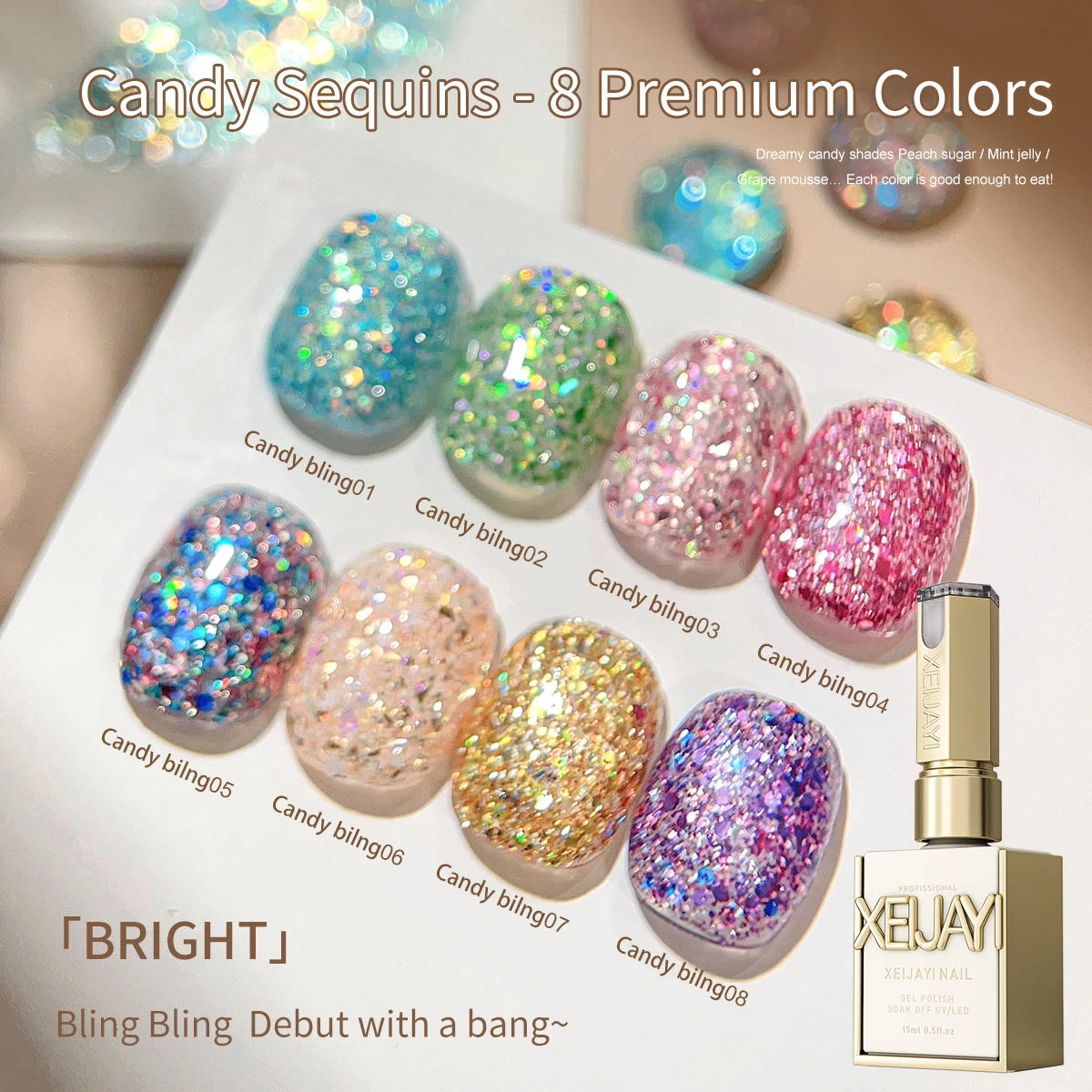 

XEIJAYI 8pcs 15ML Sweet Candy Glitter Nail Gel Set Semi Permanent Nail Art Soaking UV LED Nail Salon DIY Nail Salon Gel