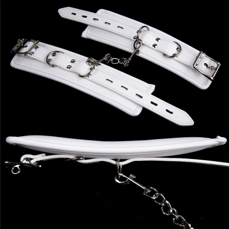 Soft Padded White BDSM Bondage Restraint Wrist Handcuffs Neck Collar Ankle Cuffs with Chain Slave Erotic Flirting Adult Sex Toys