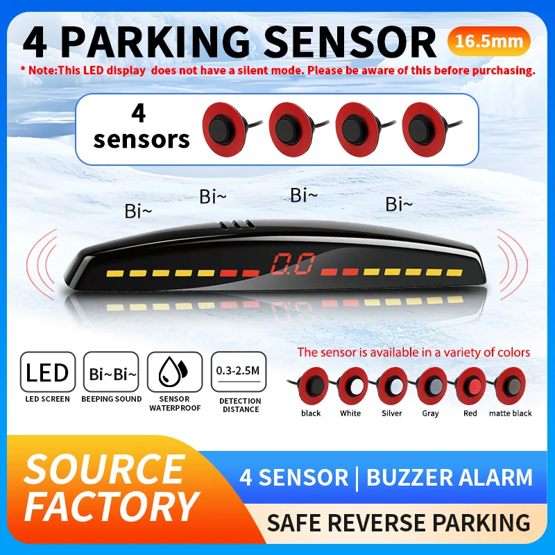 4 Sensors 16.5mm Waterproof Car LED Parking Sensor Reversing Radar Sound Warning Safe Parking Assist