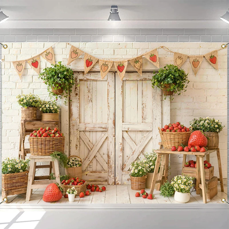

LS Farm Sweet Strawberry Photography Background Vintage Wooden Door Brick Wall Baby Shower Backdrop Photocall Photo Studio