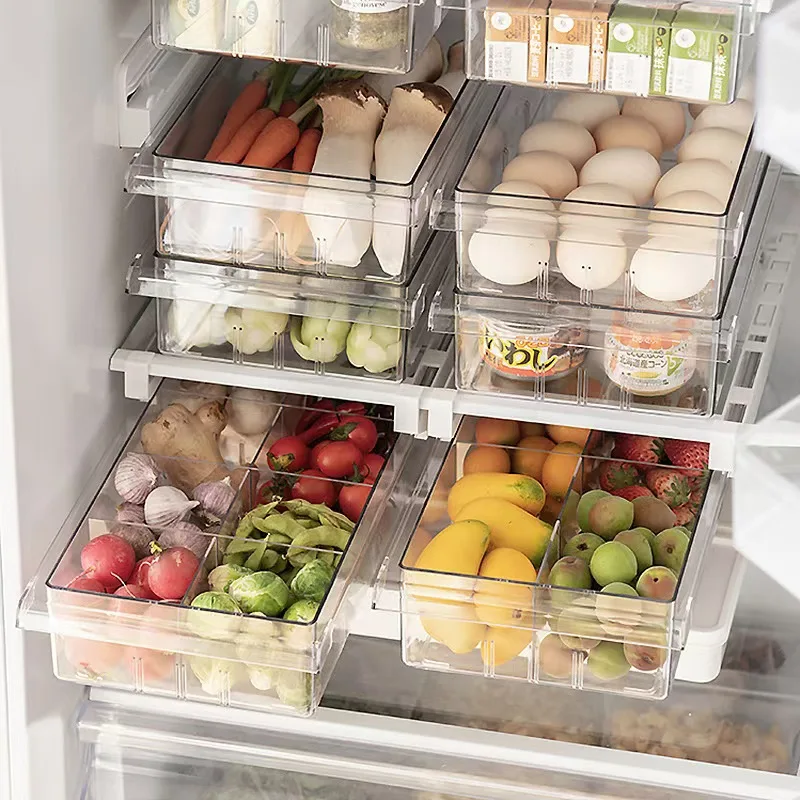 Kitchen Storage Box Refrigerator Eggs Fruit Vegetable Hanging Organizer 8 Grids Transparent Slide Rail Tray Drawer Container