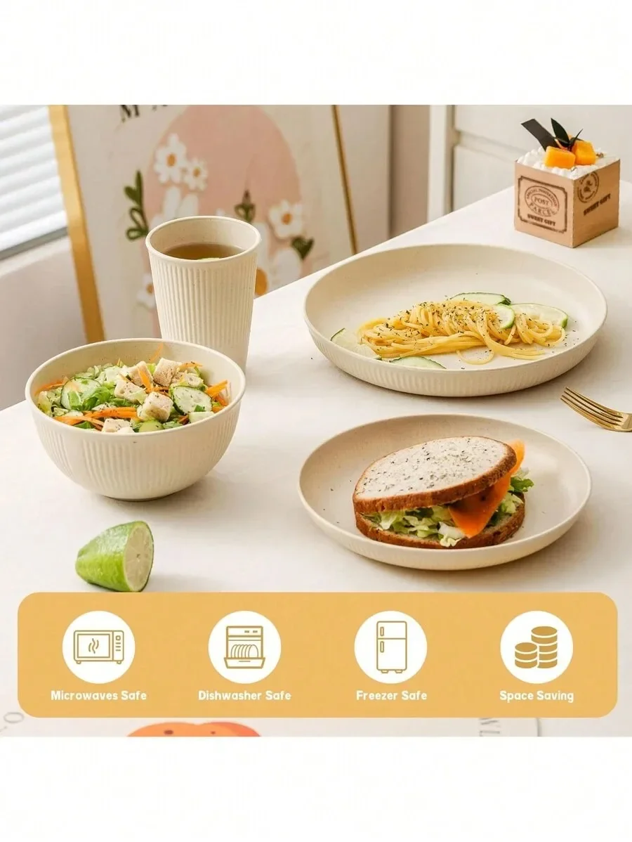 4/8/16pcs Plastic Dinnerware Set  Reusable Cup Plate and Bowl Set Suitable for Camper Camping Picnic Dormitory Beige