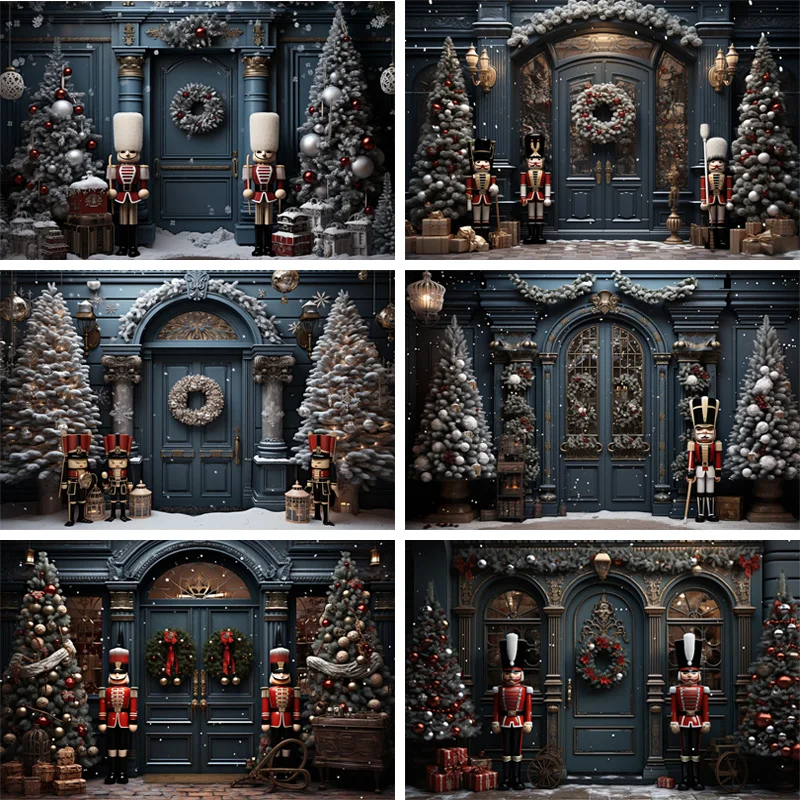 

Snowy Winter Christmas Shop Door Backdrop Vintage Christmas Shop Photography Backgrounds Xmas Tree wreath Kids Photo Decor