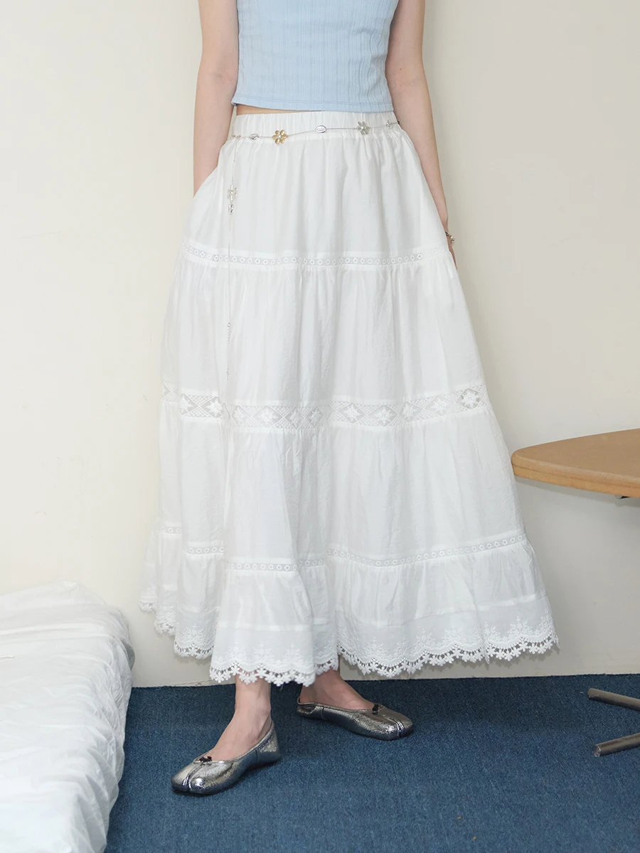 

Юбка Blueerror с белой кружевной отделкой и объемной вышивкой, длинная, женская, на резинке, многоярусная, для ранней весны, простая, для повседневной носки