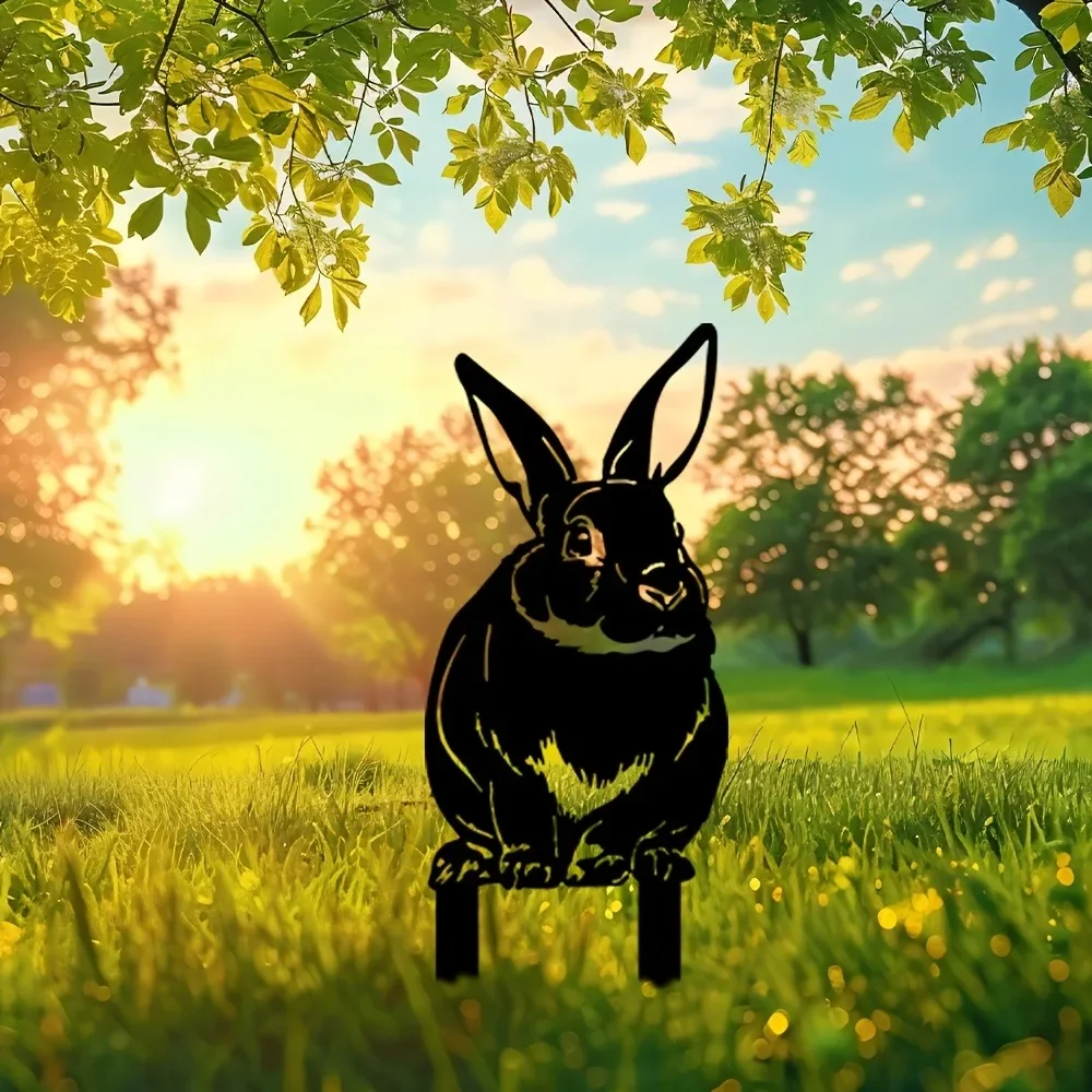CIFBUY 1pc Iron Leaping Bunny Yard Stake, Black Abstract Rabbit Silhouette Sculpture, Powder-Coated Rustproof Waterproof Decor