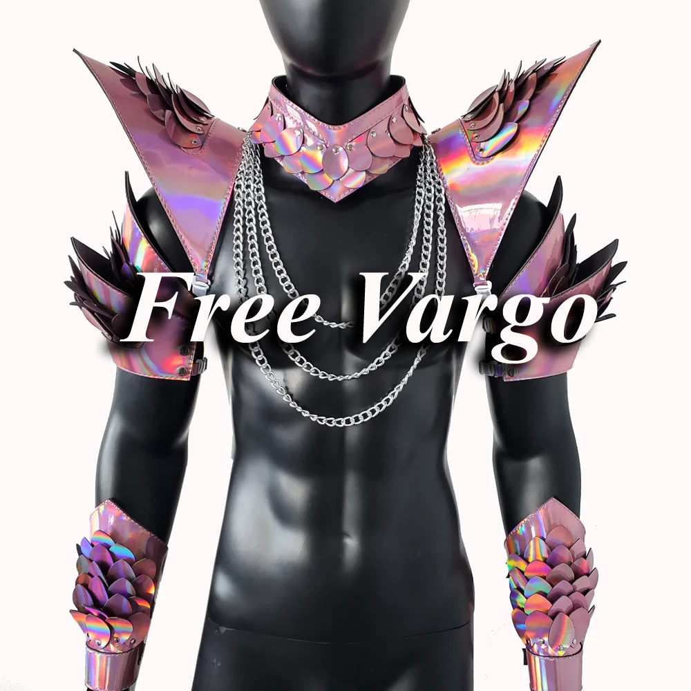 Burning Man Holographic Laser Pink Dragon Scale Armor,Festival Choker Cape with Chain,Rave Shoulder Pads Carnival Outfit Costume