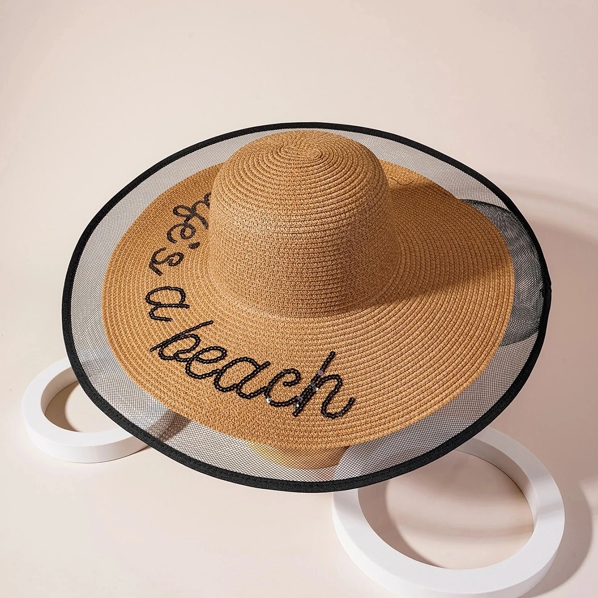 Summer sunshade casual women\'s sunshade straw hat sequin embroidered LIFE\'S A BEACH lace-trimmed straw hat