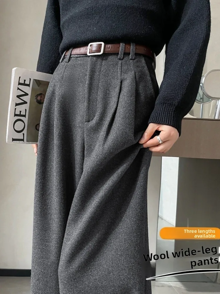 Khaki Fleece Lined Wide Leg Pants Women's Autumn Winter High Waist Slim Straight Suit Pants Korean Style Commute Wind