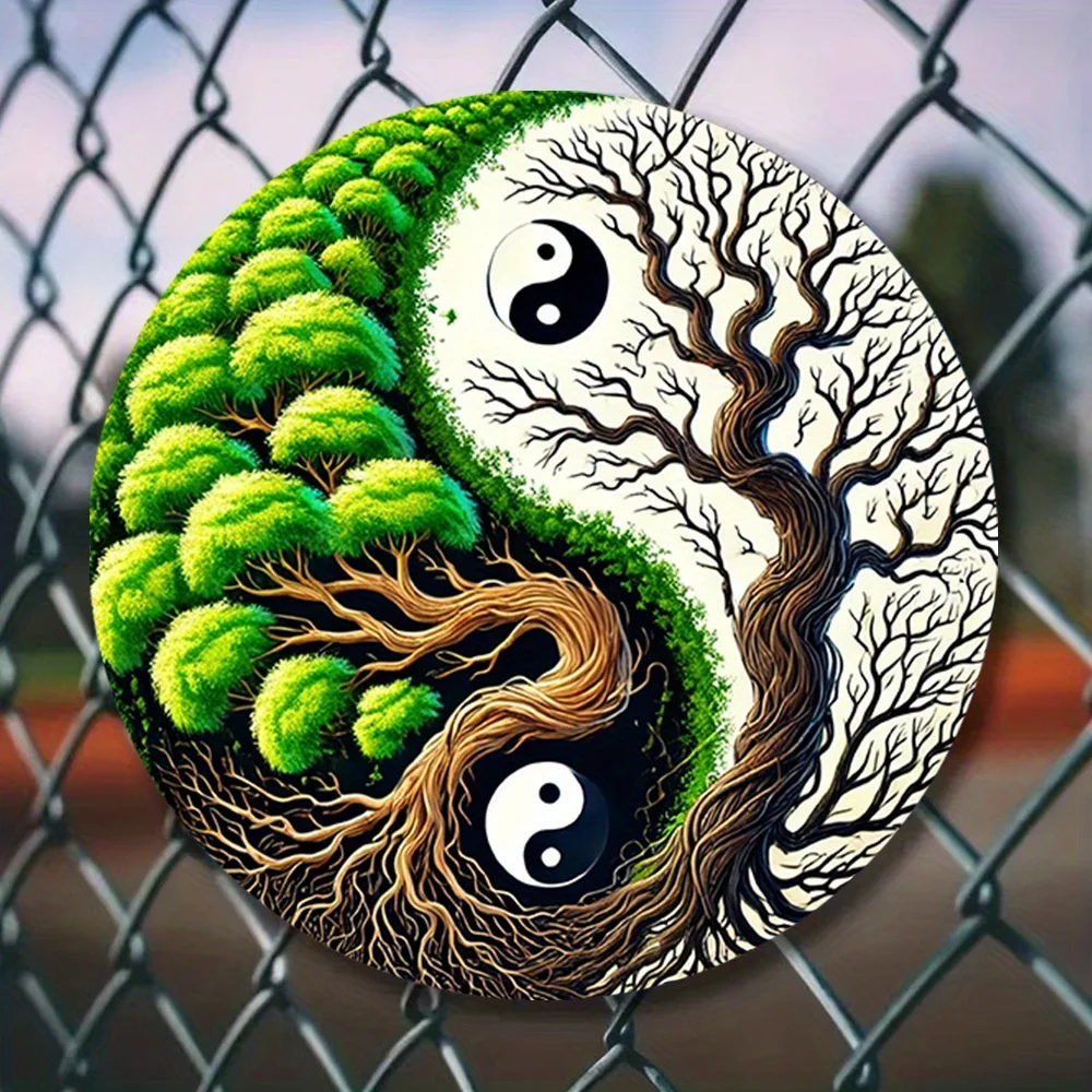 2D Flat, [2D Flat] 1pc 2D Flat Print Metal Iron Sign Room Decor A Charming Round Tin Painting Featuring The Theme of Balancing O