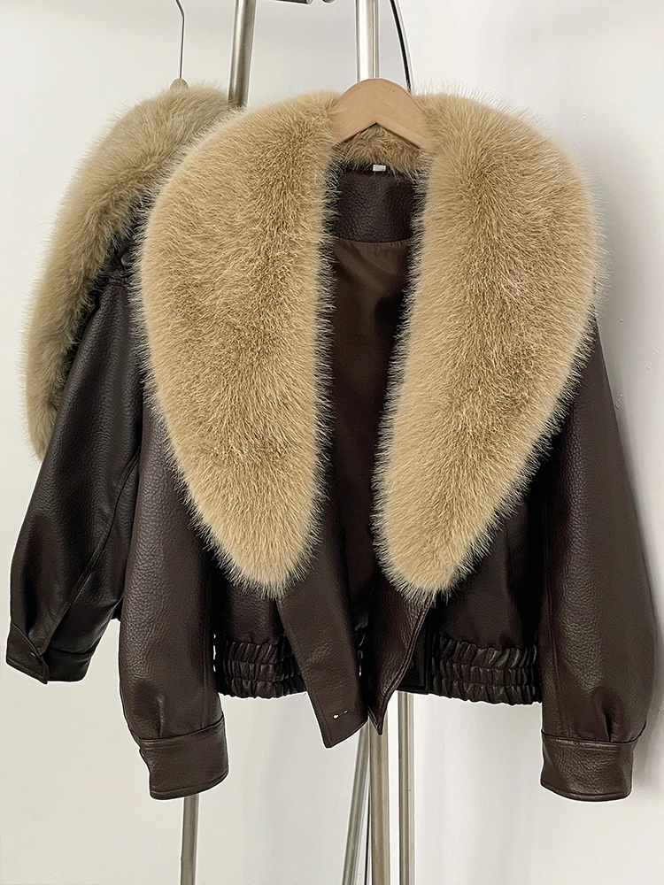 

Элегантная женская свободная куртка из искусственной кожи с отстегивающимся воротником из искусственного меха, короткий кожаный блейзер, женская куртка-бомбер