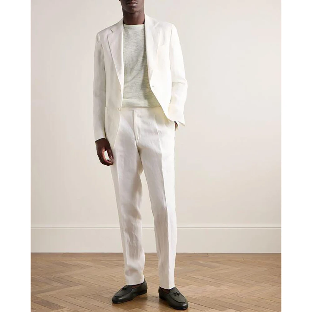 

White Linen Single Button Men Suit Two Pieces(Jacket+Pants) Lapel Outfits Chic Casual Party Prom Wedding Set