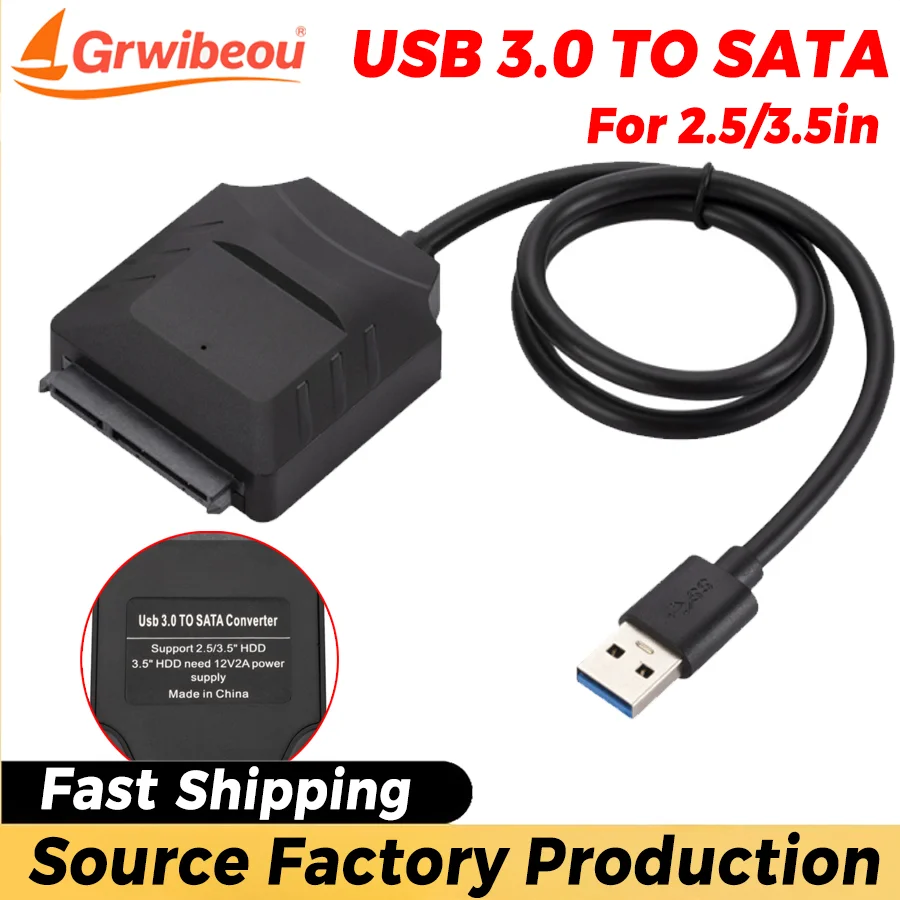 Grwibeou USB 3.0 To Sata Adapter Cable 12V2A High Speed Data USB To SATA Adapter Hard Drive Adapter for 3.5/2.5 External HDD/SSD