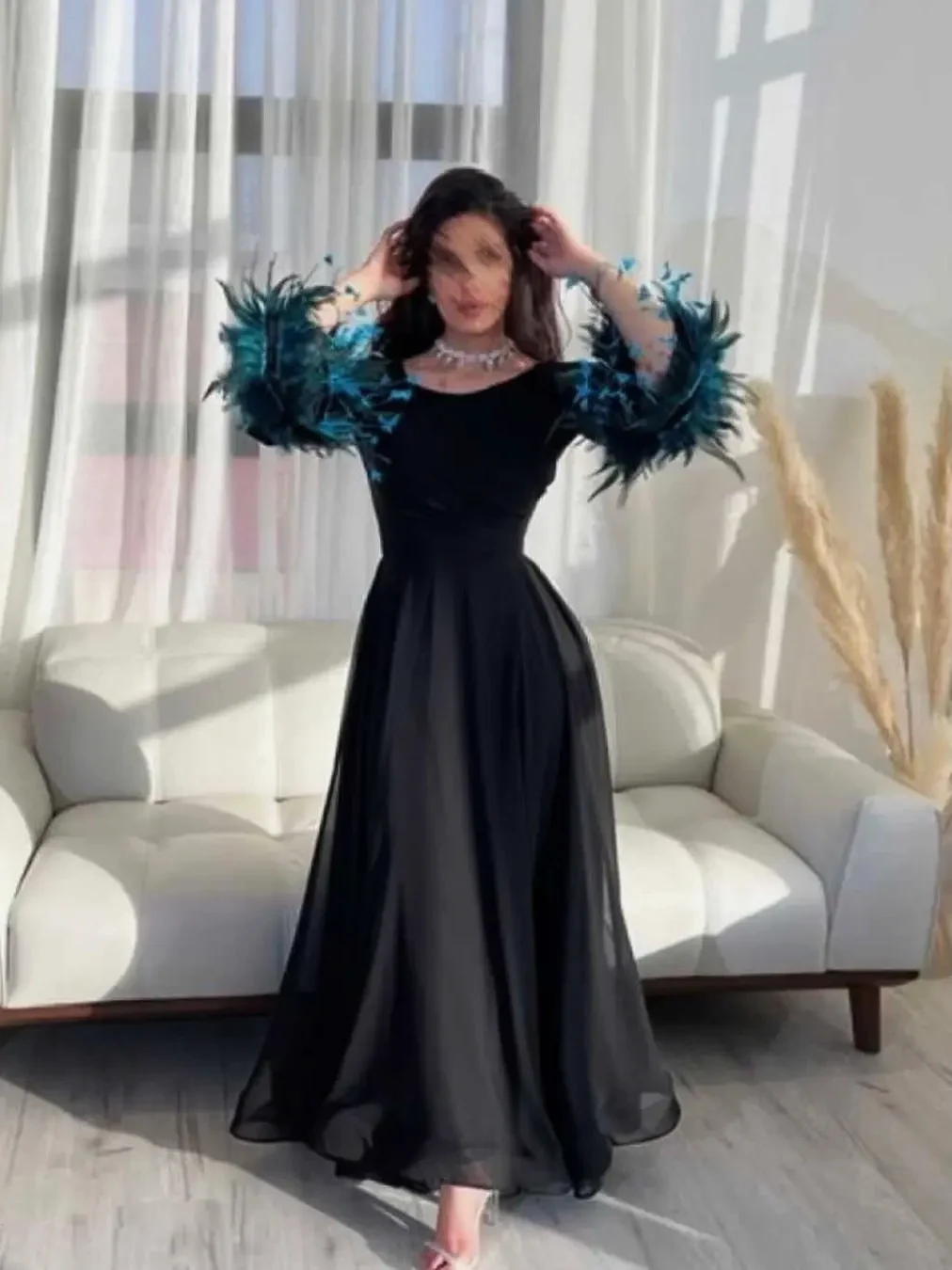 

Backless Chiffon Arabia Prom Dresses Feathers Long Sleeves A-Line Ankle-Length Elegant Party Dresses For Women 2023 Robes De