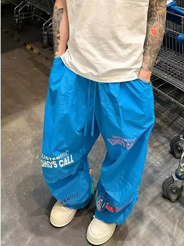 

Retro American Casual Pants Men's Spring Summer Blue Printed Loose Lazy Straight Leg Trousers Youth Vitali Sle Daily Wear