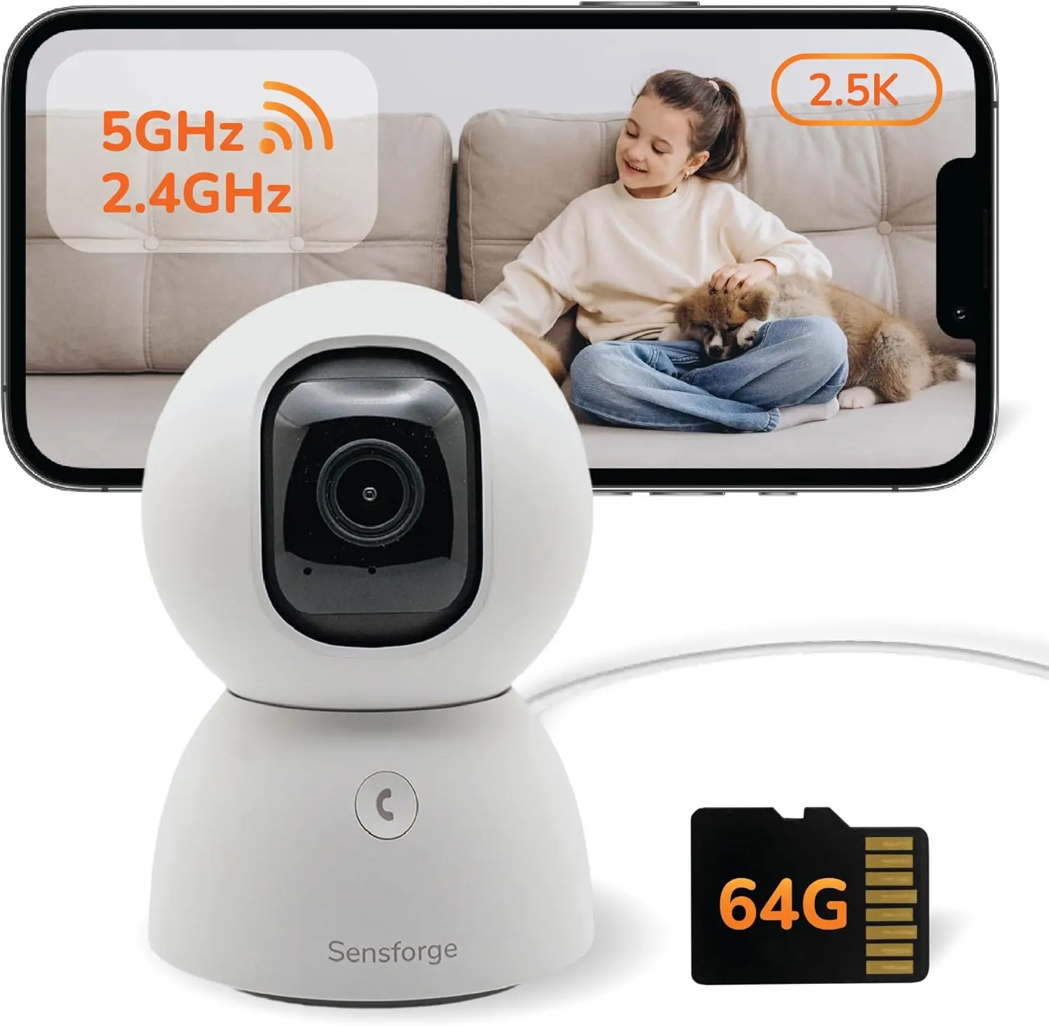2.5K Indoor Pan-Tilt Security Camera with AI Detection, 360° Coverage, Two-Way Audio, Dual-Band Wi-Fi, 64GB SD Card Included