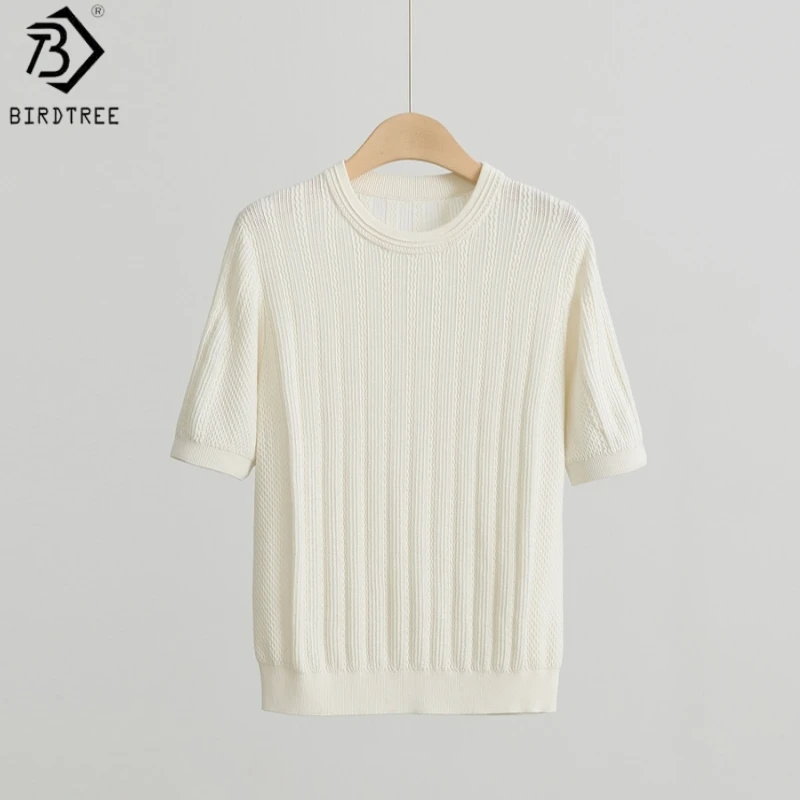 Birdtree, 70% Real Silk 30% Cotton Tshirt, Knitted Half Sleeve Tops, Women Casual O-neck Hollow Shirt, 2026 Spring New T63645JF