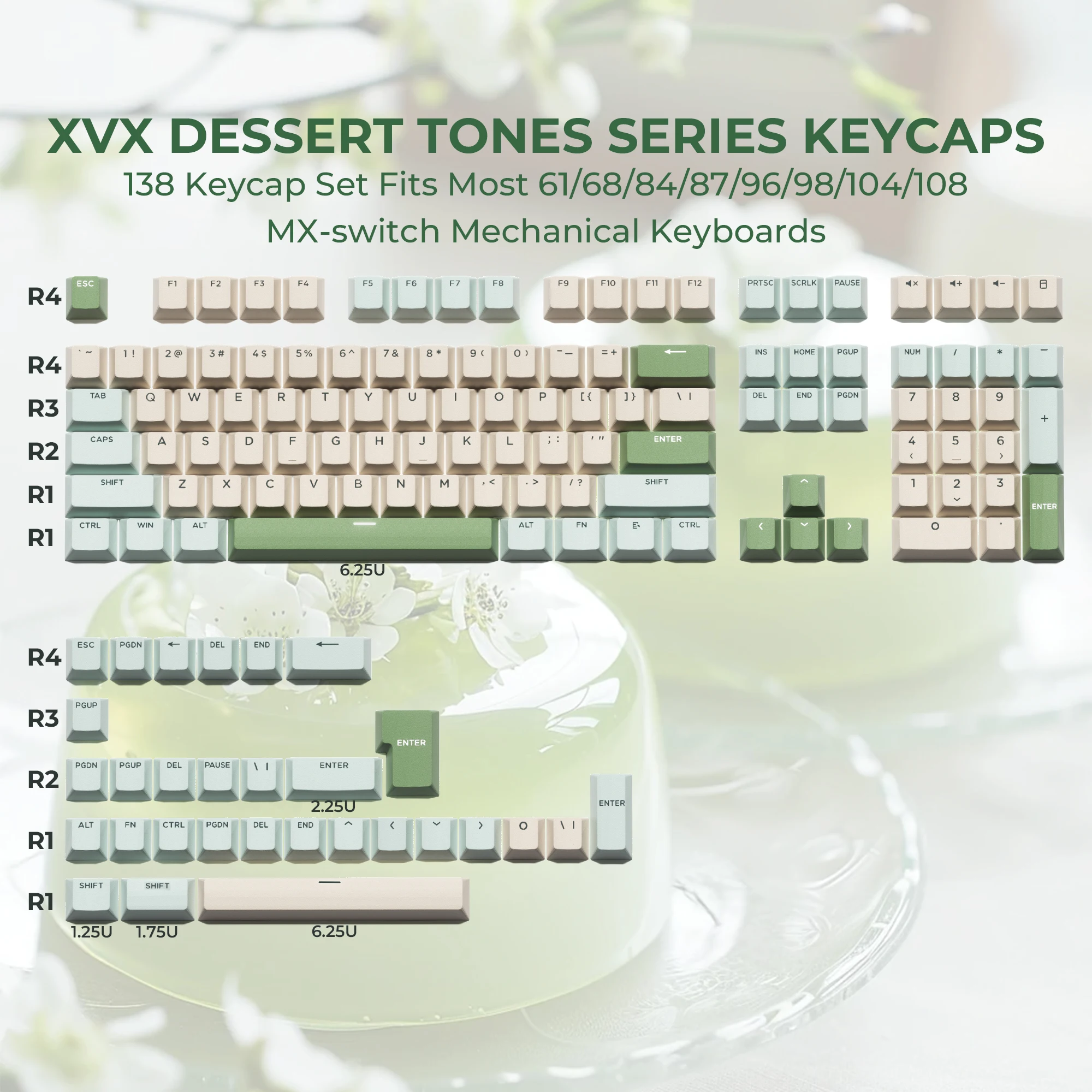 XVX Green Grape Pudding Keycaps PBT Cherry Keycap with Subtle Luxurious Matte Finsh Double Shot 138 Keys