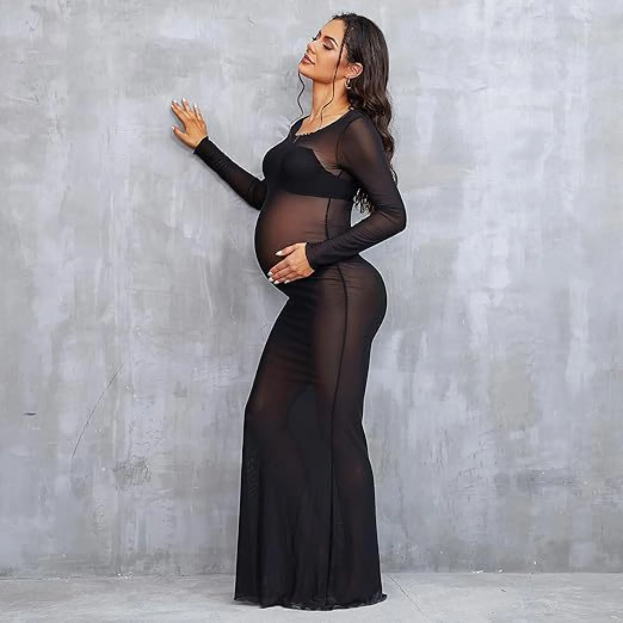 

Black European Maternity Photography Couture Gown - Sheer Stretch Mesh Round-Neck Slim Fit Portrait Dress with Cathedral Train