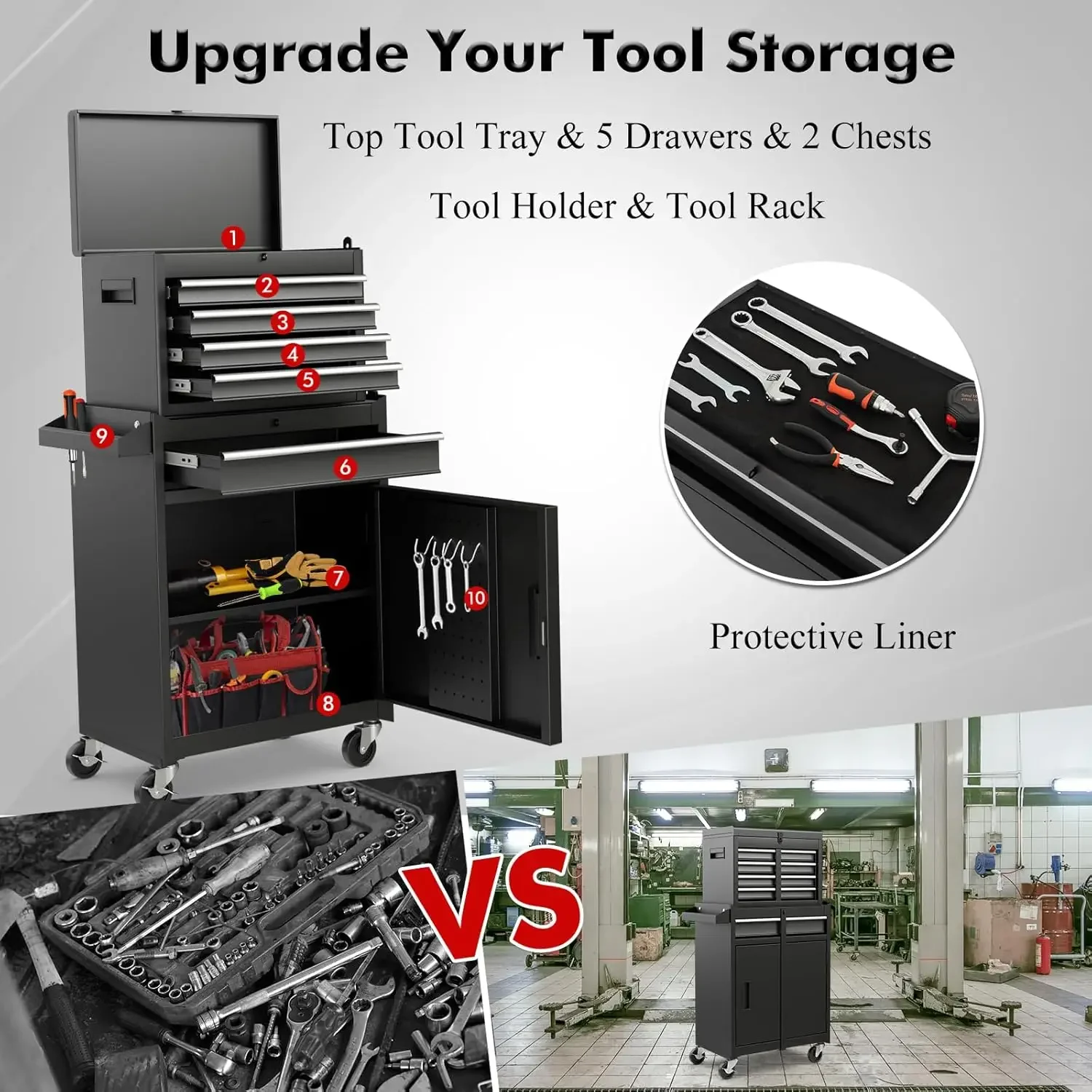 5-Drawer Rolling Tool Chest, Tool Storage Box, Removable Tool Cabinet, Sliding Metal Organizer w/Lockable Drawers Classic Black