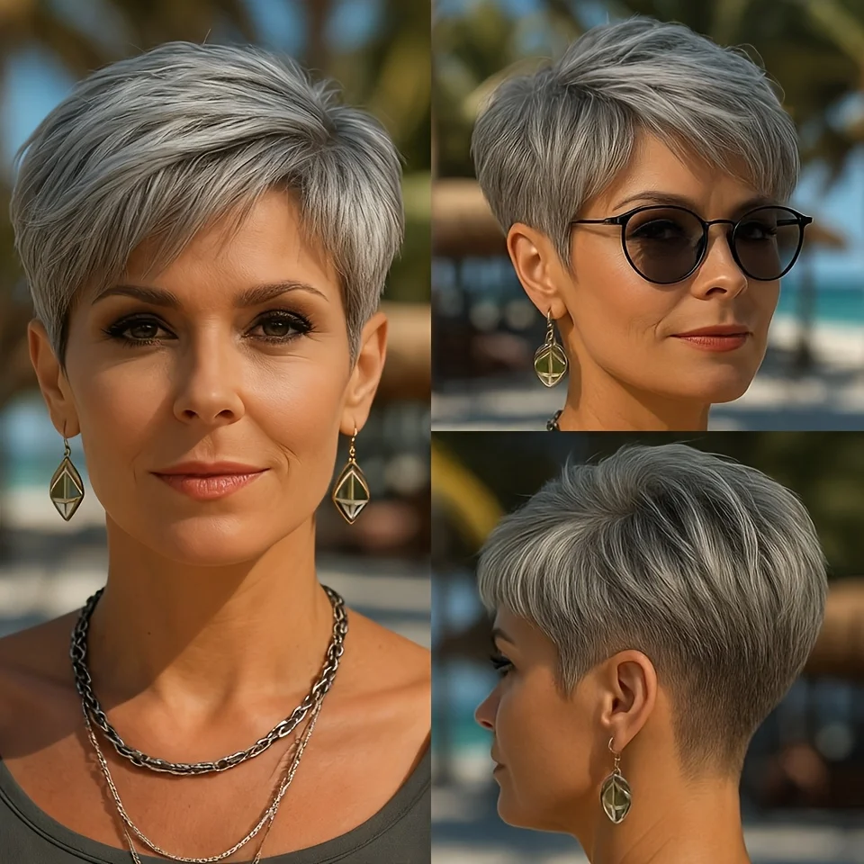 

Short Gray Human Hair Wig for Women with Bangs Layered Pixie Cut Straight Hair with Machine Made Wig